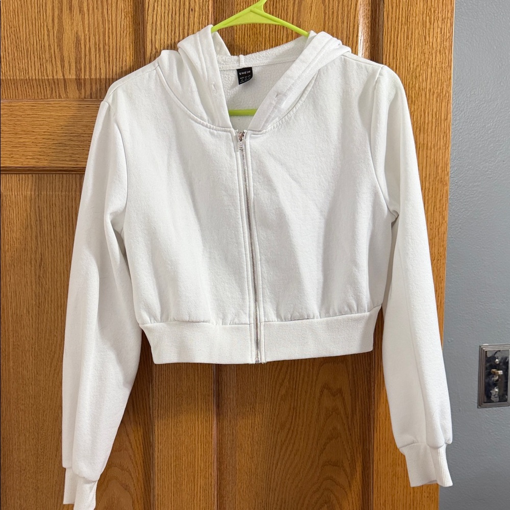 SHEIN crop White Zip-Up Hoodie